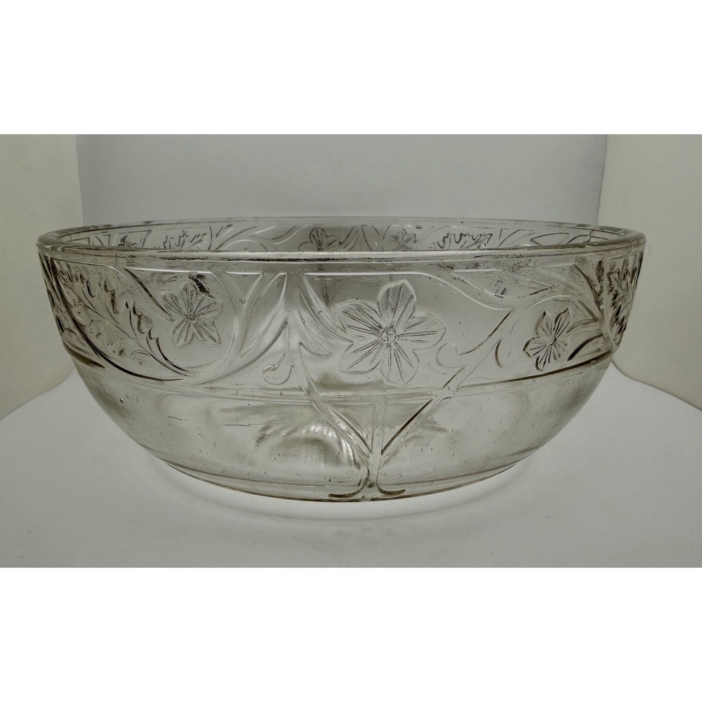 VTG Manganese Clear Pressed Glass Bowl Floral Vine Starburst Base UV Glow 9.5"